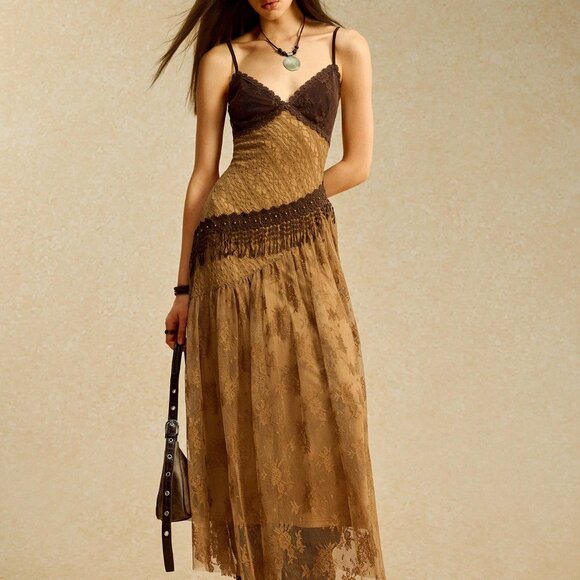 Brown Boho Lace Patchwork Women's Cheetah Print Maxi Sundress - Picture 1 of 7